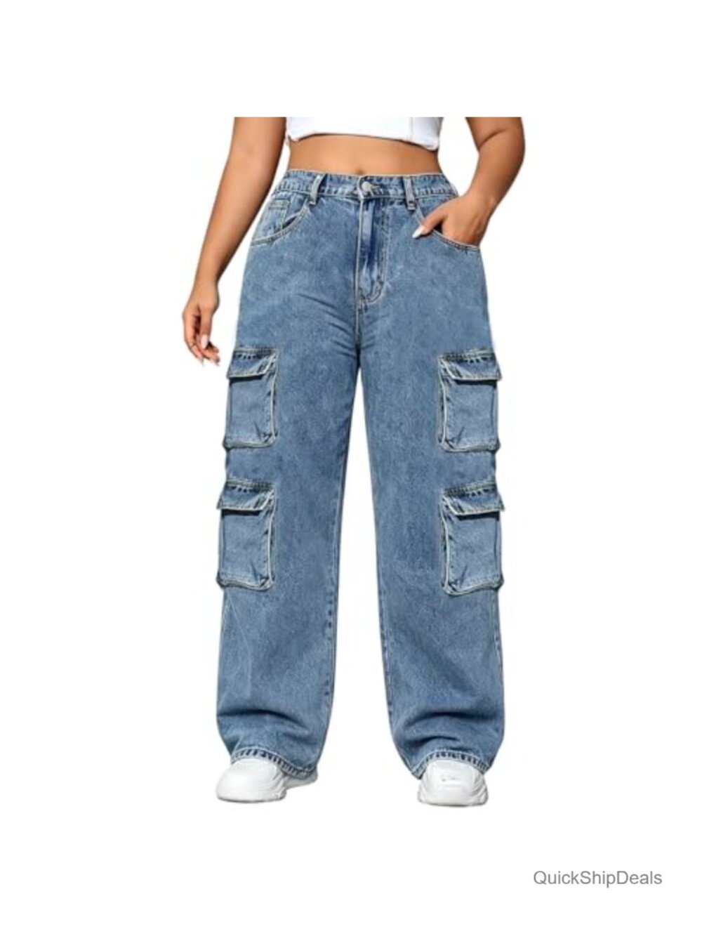 Plus Size Wide Leg Stretch Straight Leg High Waisted Baggy Cargo Jeans